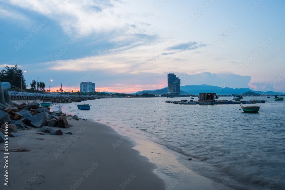 Landscape photo: panoramic view of Phan Rang coastal city at sunset.Time: June 20, 2022. Location: Phan Rang City. 