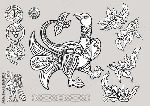 Byzantine traditional historical motifs of animals, birds, flowers and plants Clip art, set of elements for design Vector illustration.