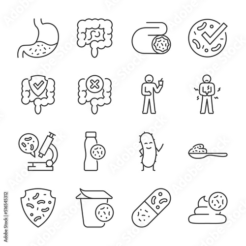 Gut microbiota, microflora icons set. Useful gut bacteria for digestion. Bifidobacterium, Probiotics, linear icon collection. Line with editable stroke