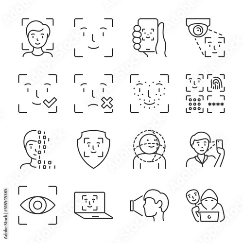 Face detection icons set. Biometrics. Face scan, Security system detects the owner by face, a camera with a face scanner. linear icon collection. Line with editable stroke