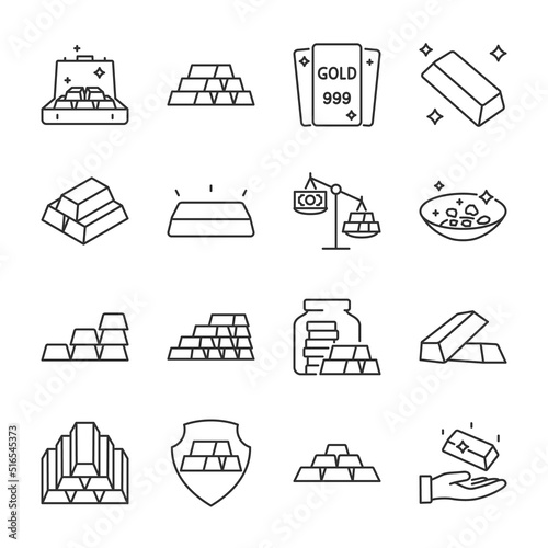 Gold icons set. Precious metal, storage of investments in metal, linear icon collection. Line with editable stroke
