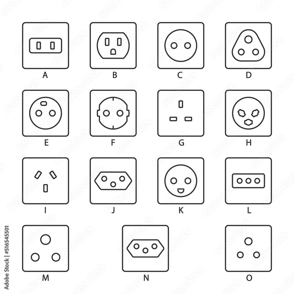 Socket icons set. Different types of sockets, linear icon collection
