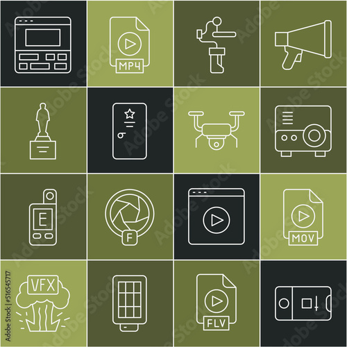 Set line Photo and video shooting, MOV file document, Media projector, Gimbal stabilizer for camera, Backstage, Movie trophy, Video recorder on laptop and Drone flying icon. Vector