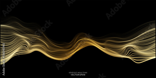 Vector wave lines smooth flowing dynamic gold gradient light isolated on black background for concept of luxury, technology, digital, communication, science, music