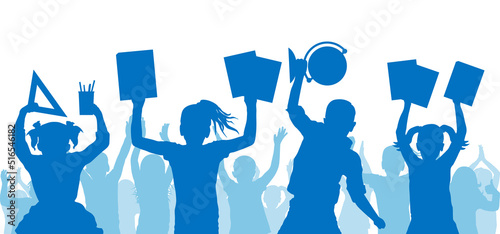 Back to school. Happy school children with school supplies on background of cheerful crowd of children. Color silhouette. Vector illustration.