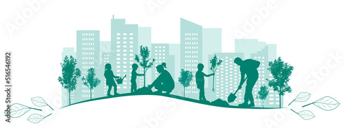 Green city. Planting trees by large family in yard, park. Landscaping of town. Vector illustration