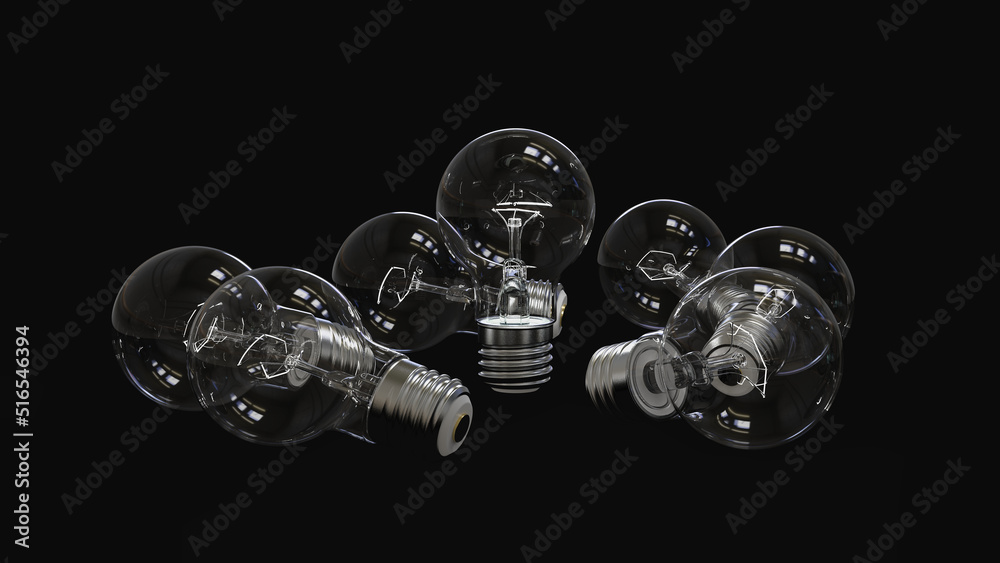 There is always one winner. Classic incandescent lamps on a horizontal plane. Black background. isolated. 3D Rendering.