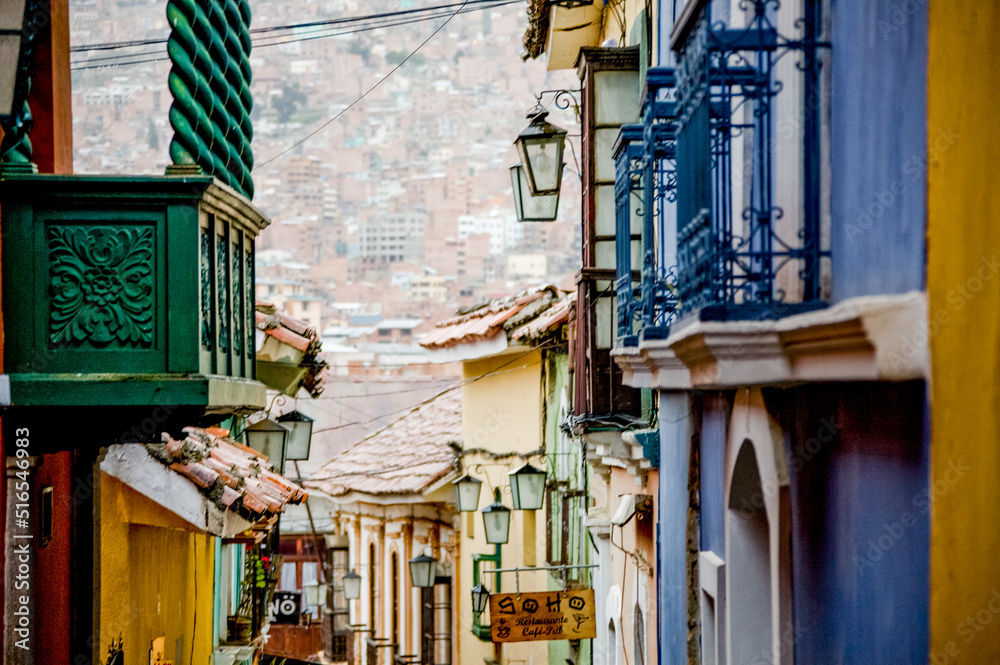 Colored houses of La Paz in Bolivia. Streets of South America