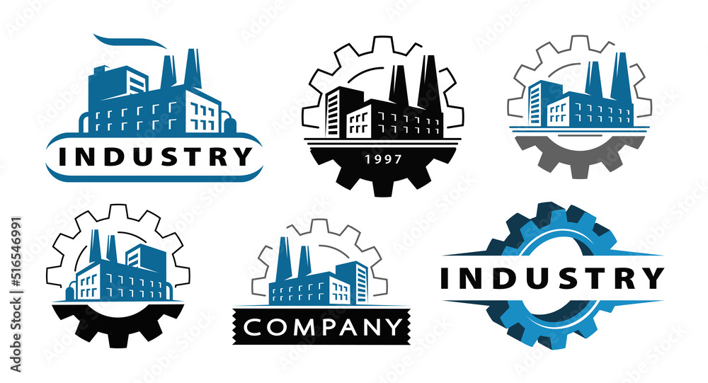 Fototapeta premium Factory with pipe and gear logo. Energy industrial concept. Industry symbol set vector