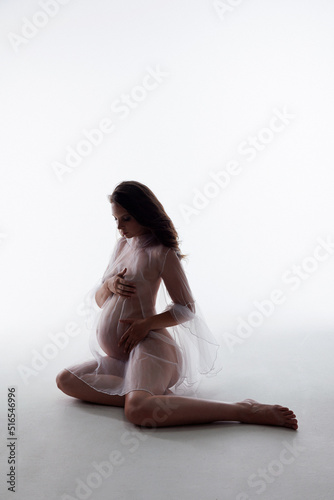 Siluette of attractive pregnant woman in transparent dress , with naked belly, studio photoshoot. Fashion photo of pregnancy. Young pretty girl with long hair. Isolated.