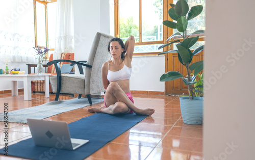 yoga classes at home. © zhukovvvlad