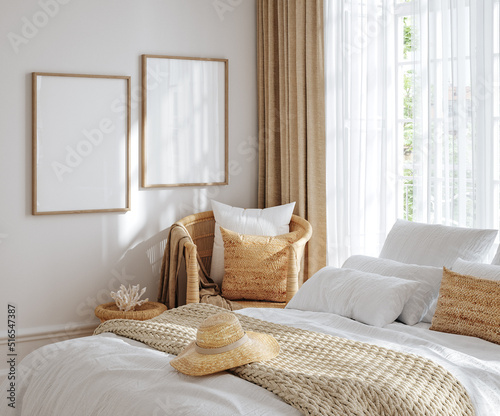 Home mockup, bedroom interior background with rattan furniture and empty frames, Coastal style, 3d render © artjafara