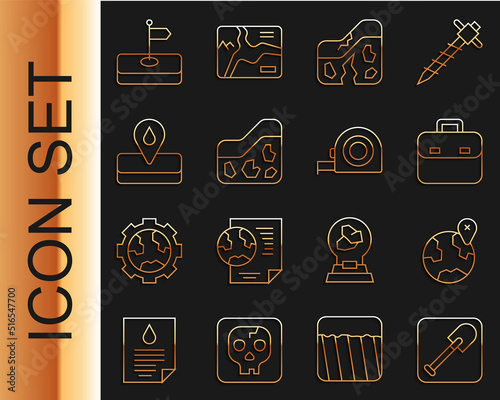 Set line Shovel, Location on the globe, Briefcase, Geological fault, Ground, Oilfield, Flag and Roulette construction icon. Vector