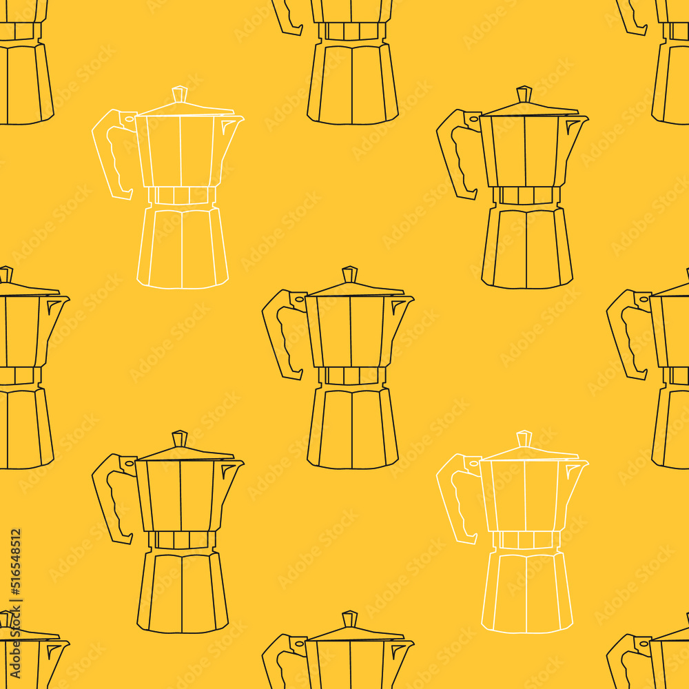 Seamless vector pattern with geyser coffee makers on yellow background. Modern vector design for fabric and paper, surface textures.