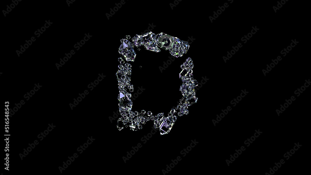 crystal lighting clear brilliants letter D on black, isolated - object 3D illustration