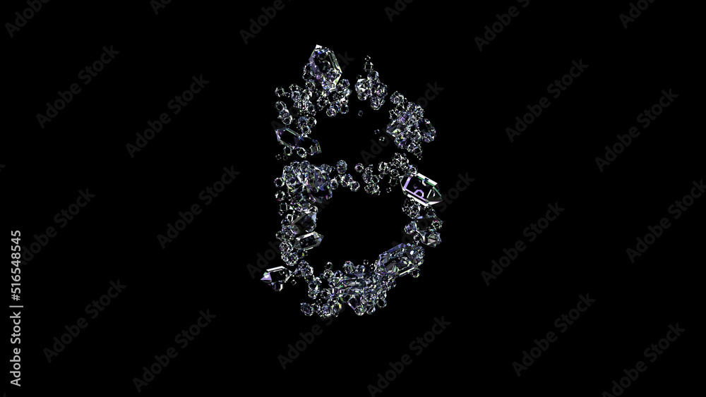 crystal lighting transparent diamonds bitcoin sign on black, isolated - object 3D rendering