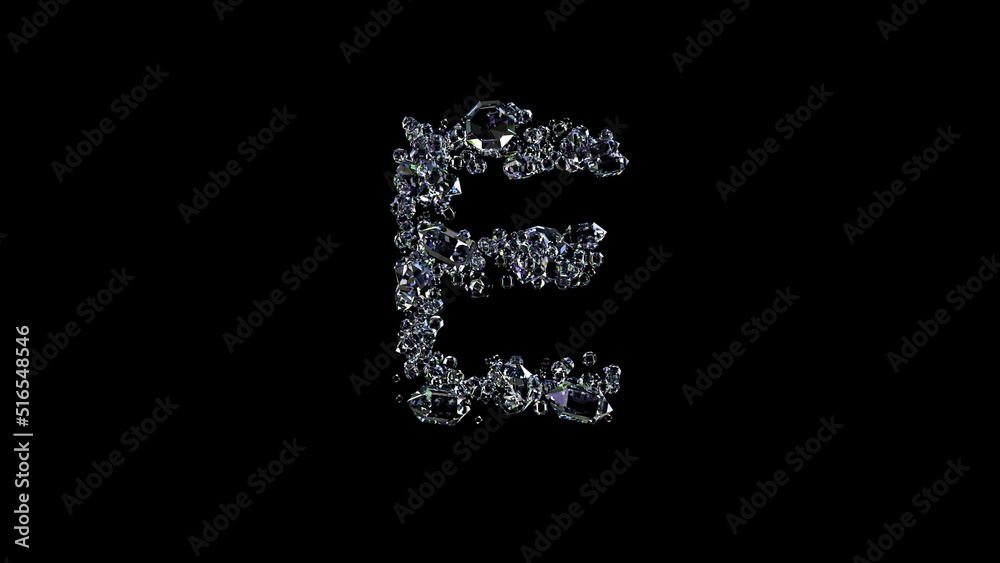 crystal shining transparent brilliants letter E on black, isolated - object 3D illustration