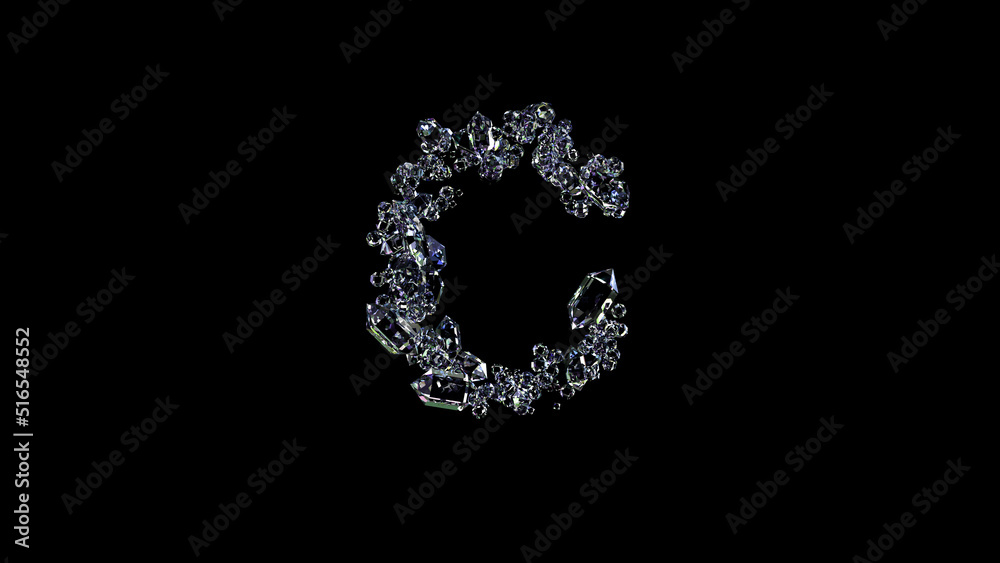 crystal lighting finest diamonds letter C on black, isolated - object 3D rendering
