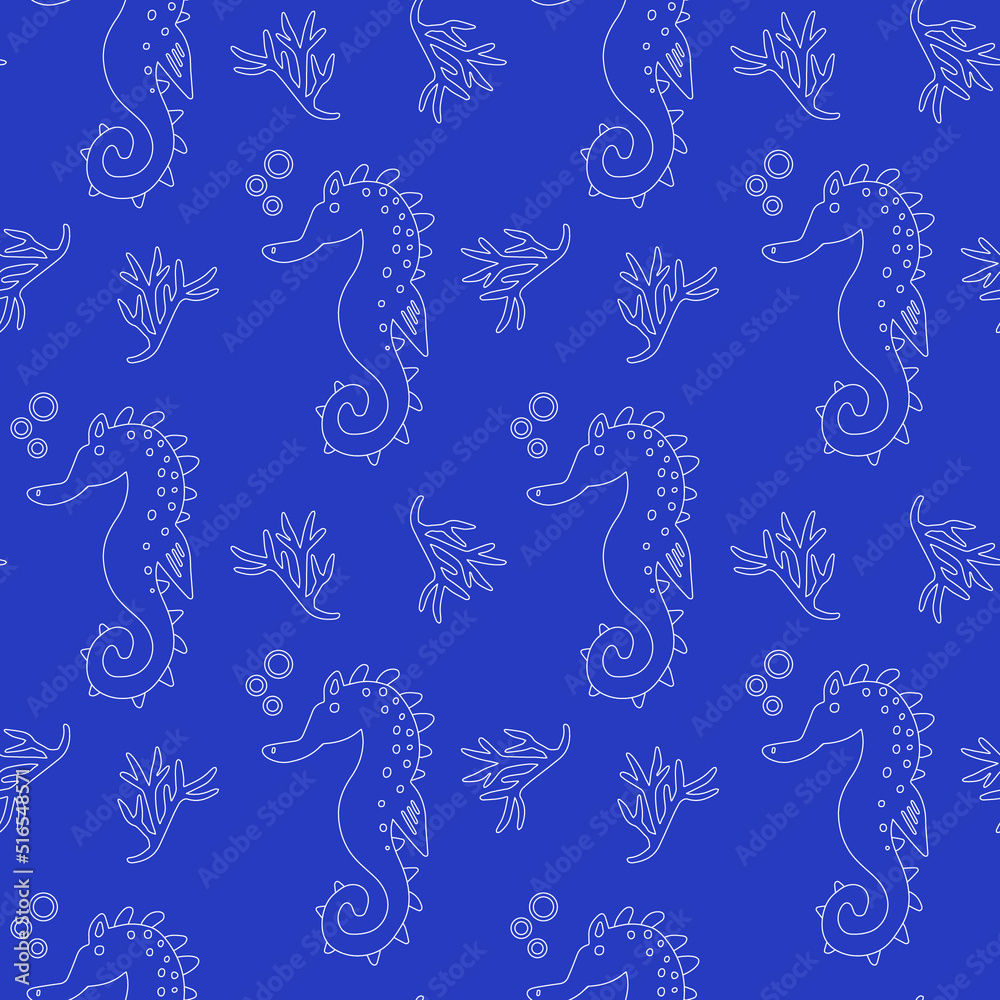 Seamless pattern with line sea horses and water plants on blue ...