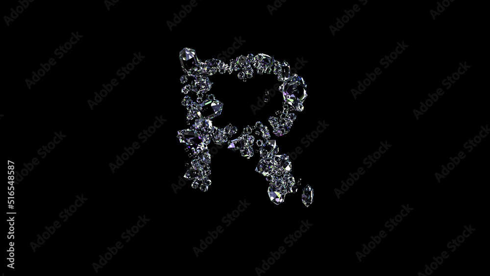 crystal glowing clear diamonds letter R on black, isolated - object 3D rendering crystal glowing clear diamonds letter R on black, isolated - object 3D rendering