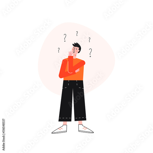 Vector flat illustration with man thinking about his options. Deсision making process.