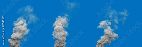 3 grey pollution smoke columns from coal power plant on blue, isolated - industrial 3D illustration © Dancing Man