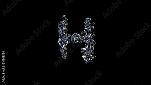 crystal lighting finest brilliants letter H on black, isolated - object 3D illustration