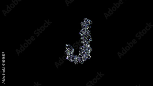 crystal glowing clear brilliants letter J on black, isolated - object 3D illustration