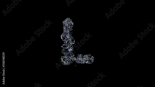 crystal shining clear brilliants letter L on black, isolated - object 3D illustration