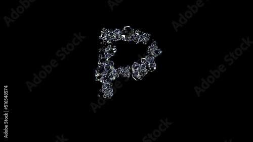 crystal shining transparent diamonds letter P on black, isolated - object 3D illustration