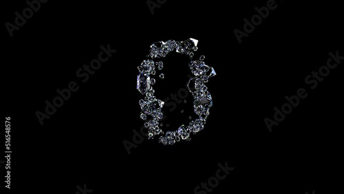 crystal glowing clear diamonds number 0 on black, isolated - object 3D rendering