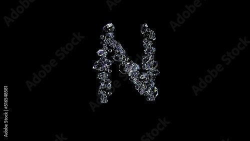 crystal lighting transparent brilliants letter N on black, isolated - object 3D illustration