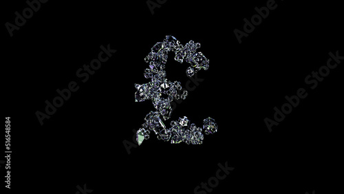 crystal glowing finest brilliants pound symbol on black, isolated - object 3D rendering