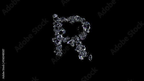 crystal glowing clear diamonds letter R on black, isolated - object 3D rendering