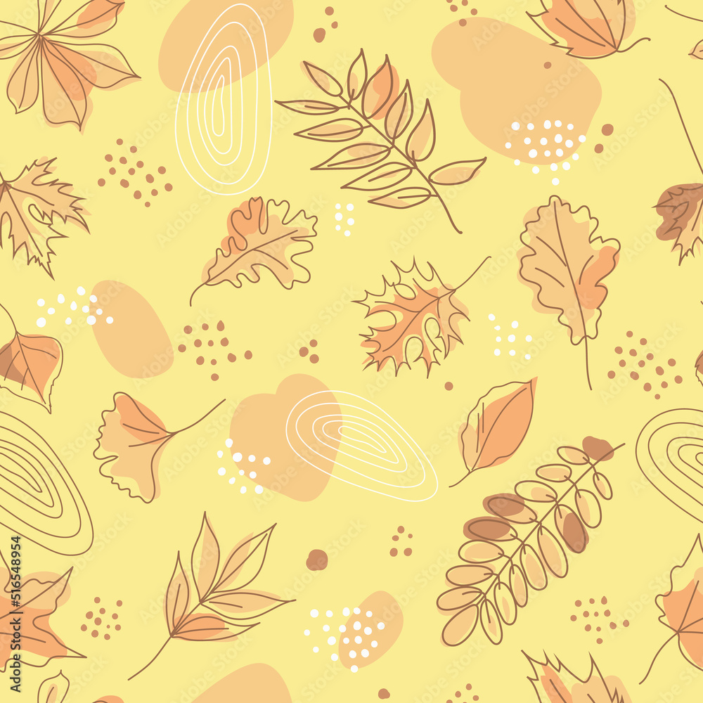 Seamless pattern of autumn leaves and abstract elements in pastel colors. Leaves of maple, oak, ash, acacia, dots spots and lines on a yellow background. Line art, vector. Seamless pattern of autumn leaves and abstract elements in pastel colors. Leaves of maple, oak, ash, acacia, dots spots and lines on a yellow background. Line art, vector.