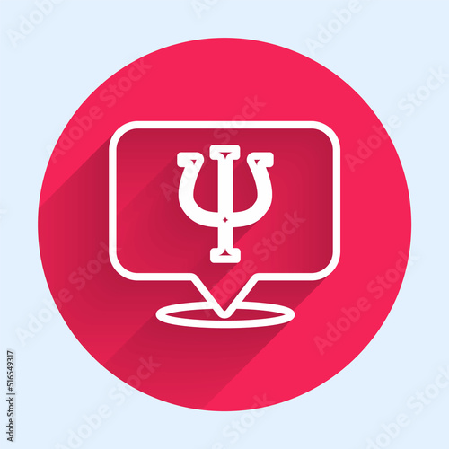 White line Psychology icon isolated with long shadow. Psi symbol. Mental health concept, psychoanalysis analysis and psychotherapy. Red circle button. Vector