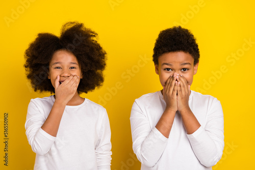 Fotografie Photo of two positive excited siblings hand cover mouth laugh tease isolated on