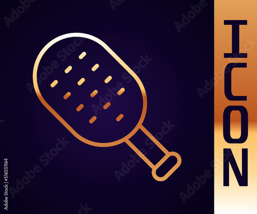 Gold line Sauna brush icon isolated on black background. Wooden brush with coarse bristles for washing in the bath. Anti cellulite massage. Vector
