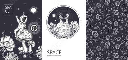 Set of space banners. Space background. Astronaut, flower and planet.