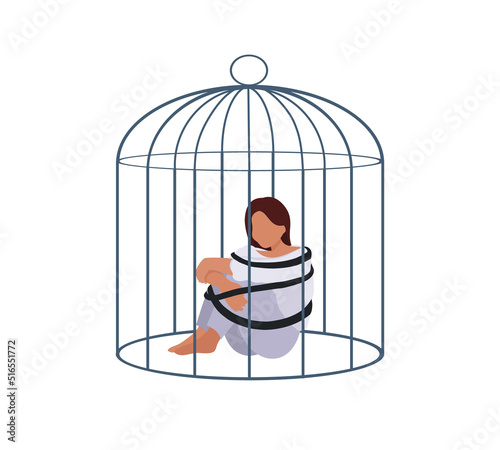 Mental health. Woman in depression sitting in cage