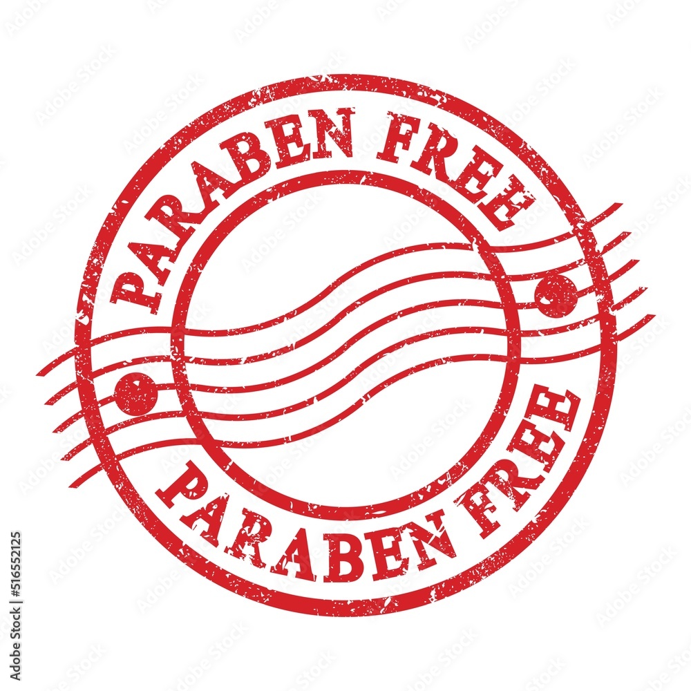 PARABEN FREE, text written on red postal stamp. PARABEN FREE, text written on red postal stamp.