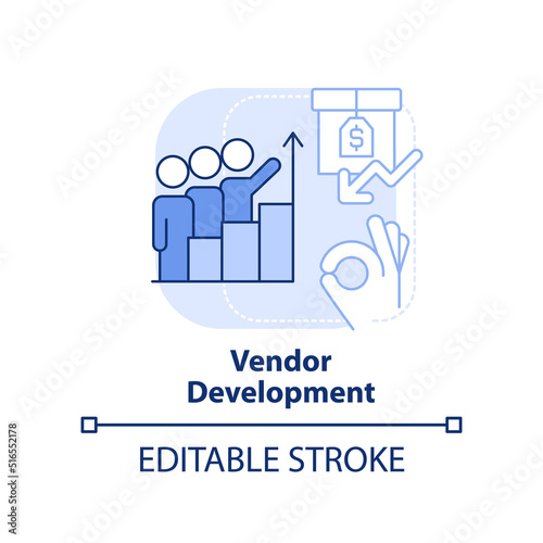 Vendor development light blue concept icon. Sourcing strategy abstract idea thin line illustration. Manage supply chain. Isolated outline drawing. Editable stroke. Arial, Myriad Pro-Bold fonts used © bsd studio