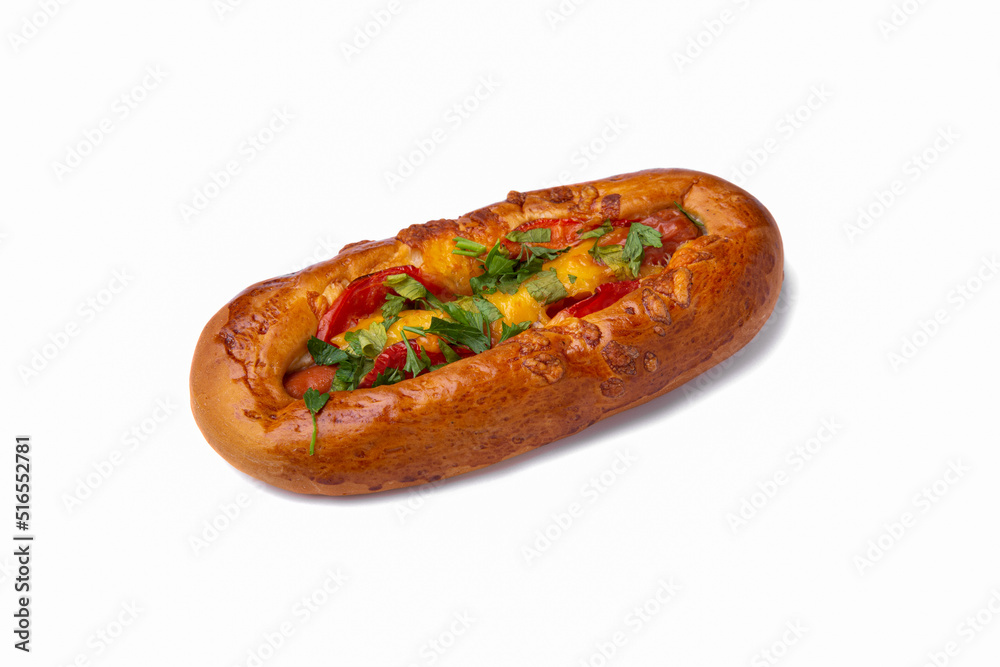 Bun with cheese, sausage, tomatoes and parsley Bun with cheese, sausage, tomatoes and parsley