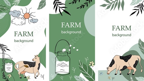 Cows, milk can, sun, clouds and flowers. Social media templates. Flyer backgrounds.