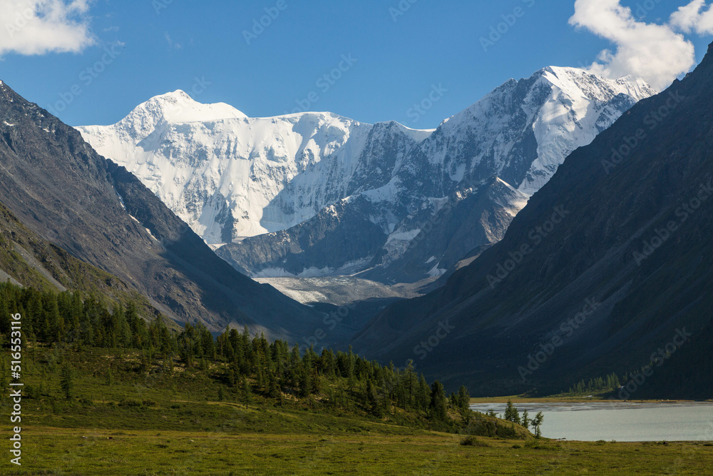 Landscape of Roerich. Akkem Valley. In the background is Belukha Mountain. A view of the mountain lake, Russia, Siberia, Altai, Katunsky ridge.