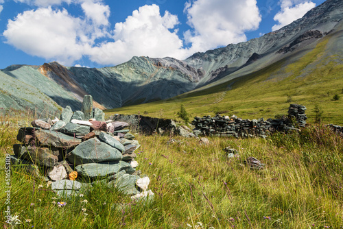 Stone Town in the gorge of Yarlu on the background of colored mountains, Altai, Siberia, Russia photo