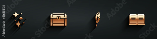 Set Sparkle stars with magic, Antique treasure chest, Magic feather and Ancient book icon with long shadow. Vector