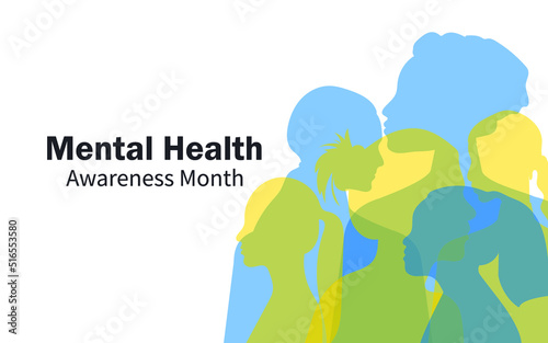 Mental Health Awareness Month. Women of different nationalities and religions together. Horizontal banner on a white background. Vector.