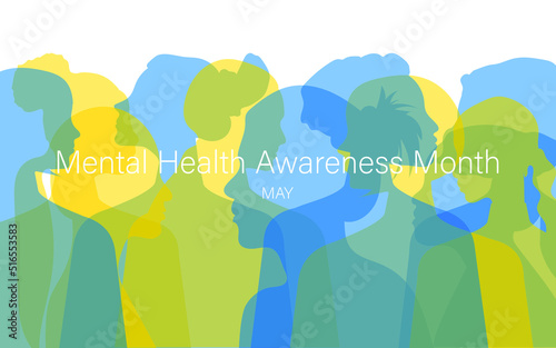 Mental Health Awareness Month. Women of different nationalities and religions together. Horizontal banner on a white background. Vector.