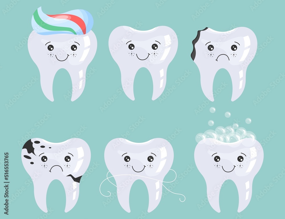 Stockvector set of tooth icons. Cute tooth characters in flat style ...